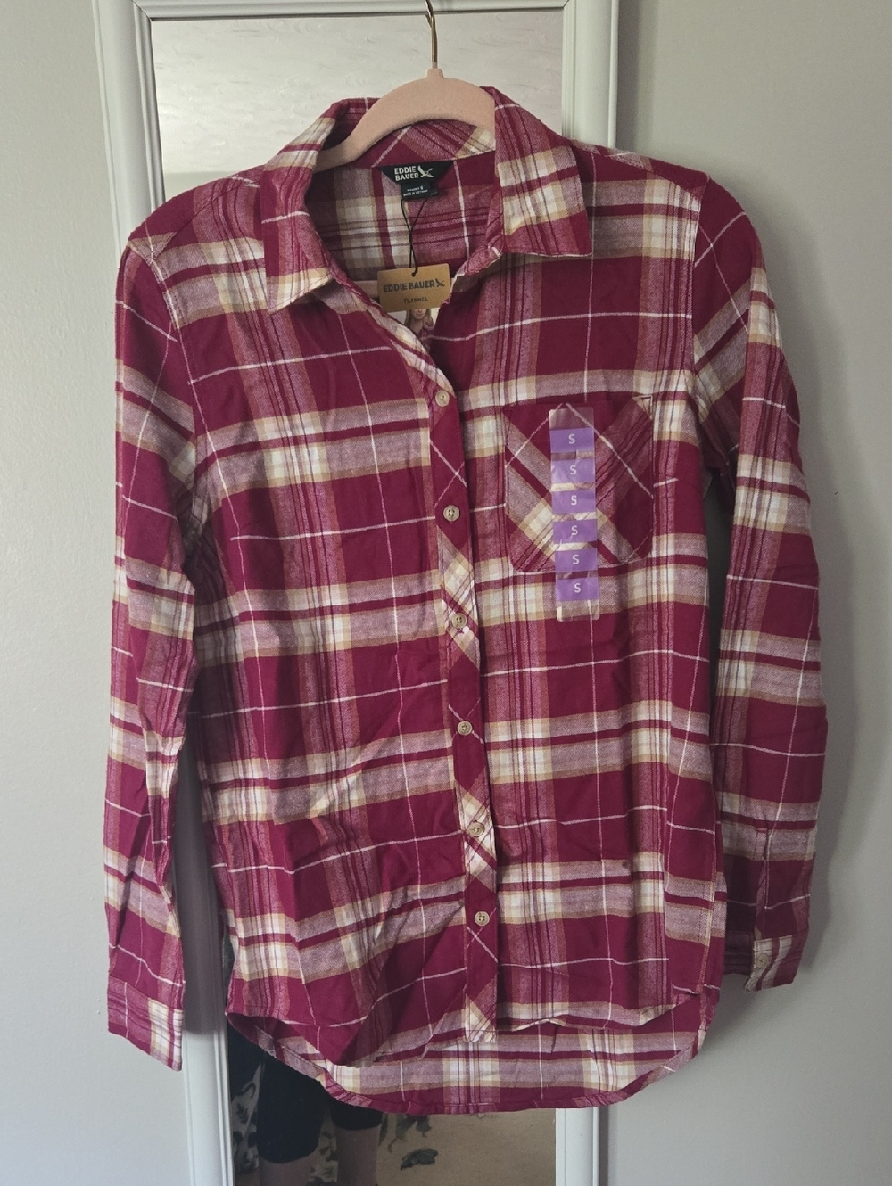 Eddie Bauer Burgundy and Cream Plaid Flannel Shirt